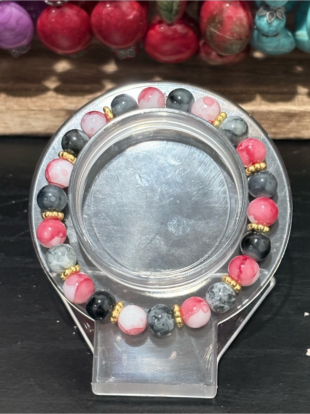 Handcrafted crackle color red and black glass bead with gold spacer beaded brace